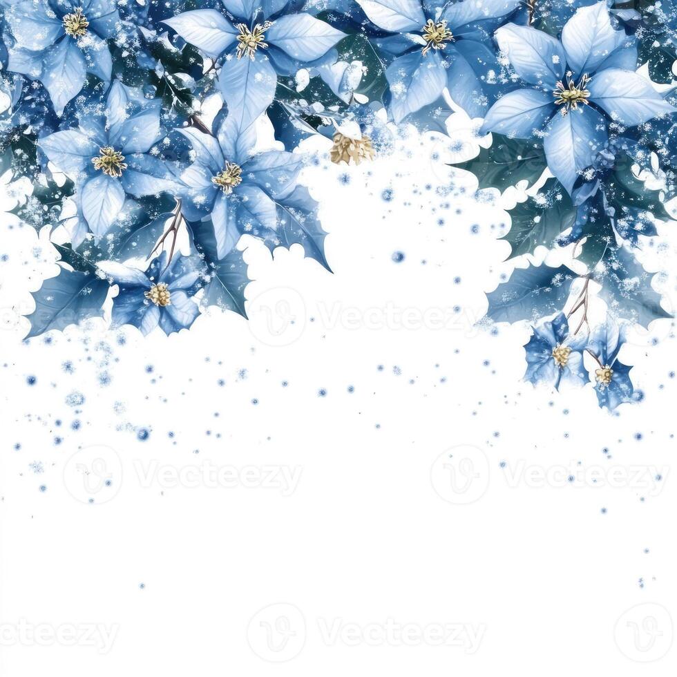 Elegant Blue Flower Border Design for Christmas, Featuring Snow Accents and Blank Space Below for Personalized Text, Perfect for Holiday Greetings and Festive Invitations photo