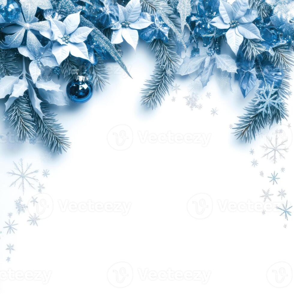Elegant Blue Flower Arrangement with Snow Accents for Christmas, Featuring a Decorative Top Border and Ample Blank Space for Custom Text Below photo