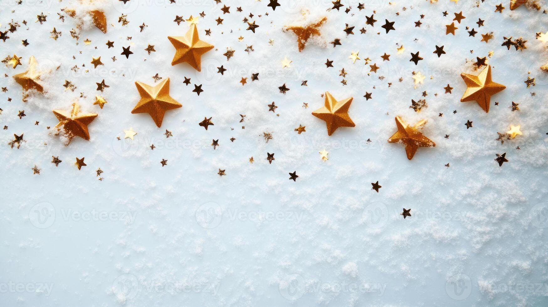 Elegant Holiday Decor with Gold Stars on a Snowy White Background for Festive Text and Design Elements photo