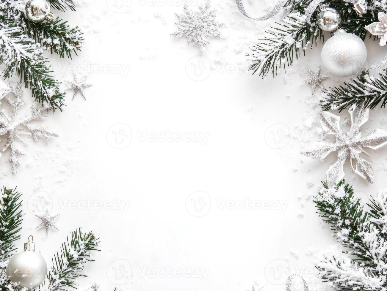 Elegant Floral Christmas Border with Silver Accents Surrounding a Blank White Center, Perfect for Holiday Text and Design Elements photo