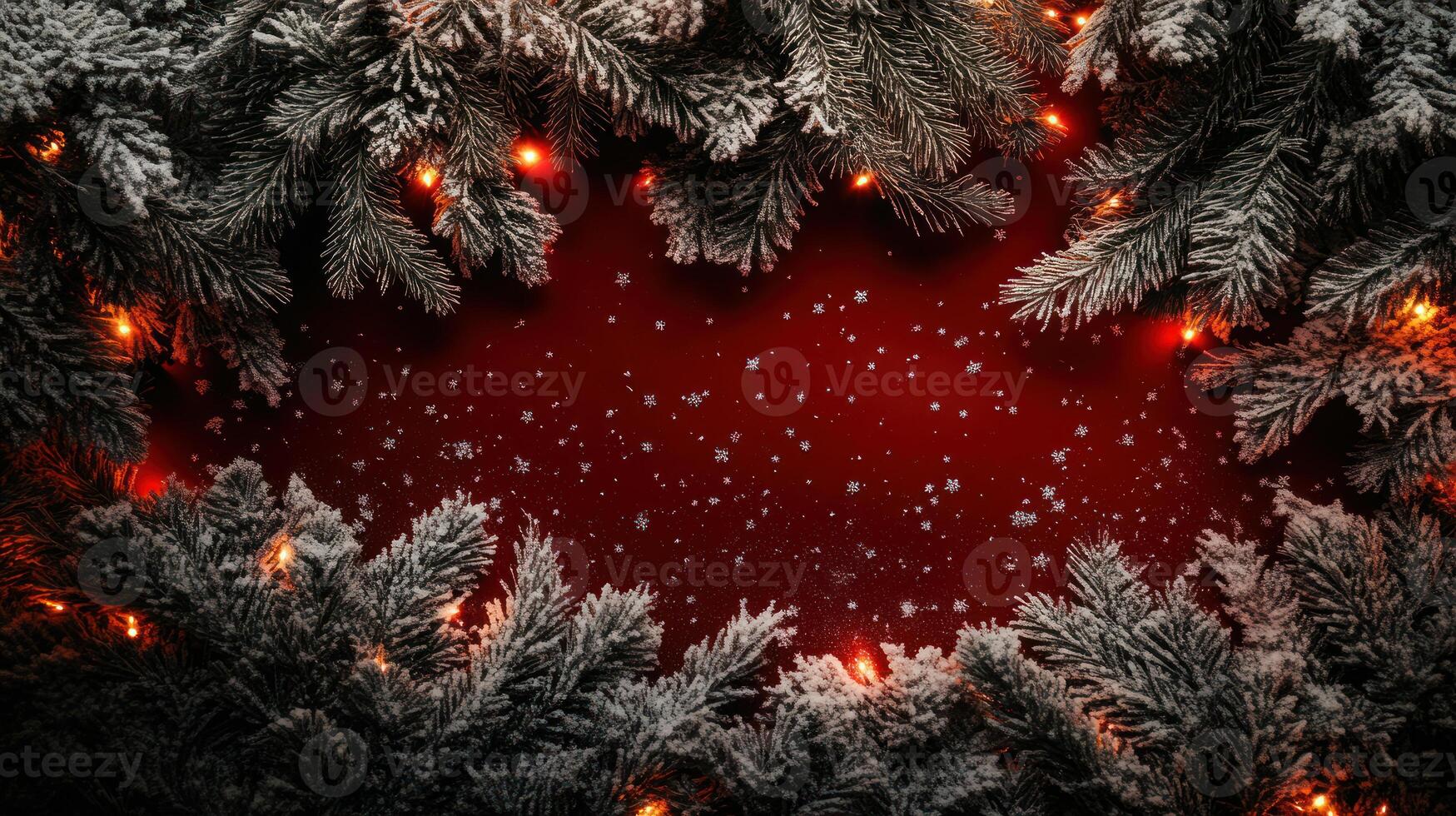 Frosted Pine Branches with Lights on Deep Red Background, Scattered Light Snowflakes, Perfect for Holiday and Winter-Themed Seasonal Designs photo