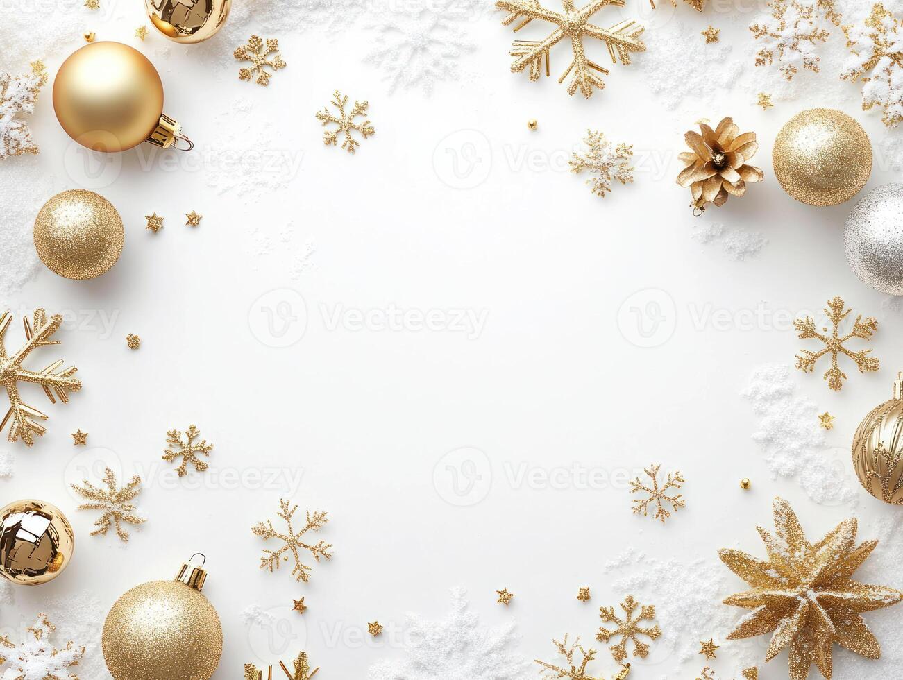 Elegant Gold Ornaments and Snowflakes on White Snowy Background for Holiday Celebration, Perfect for Winter-Themed Designs and Festive Decorations photo