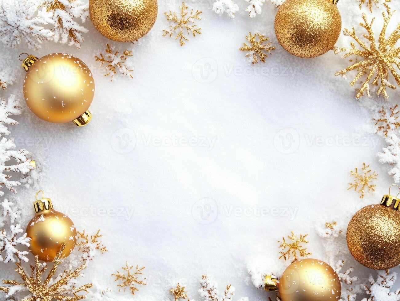 Elegant Gold Ornaments Framed by a Snowy White Background with Scattered Snowflakes Perfect for Winter Festivities and Holiday Celebrations photo