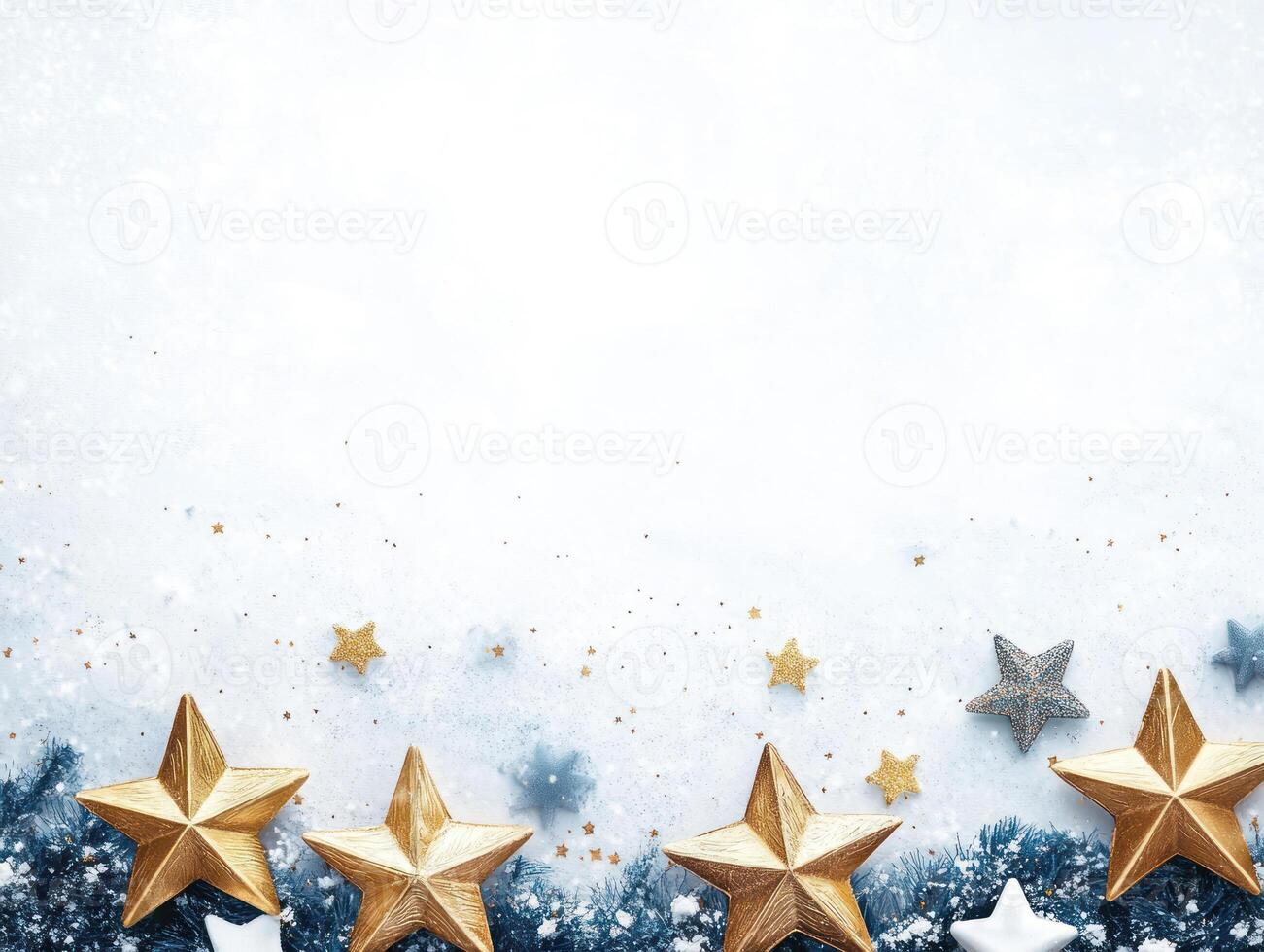 Festive Blue and Gold Decor Featuring Stars on a Snowy White Background Perfect for Winter Celebrations and Holiday Text Overlays photo