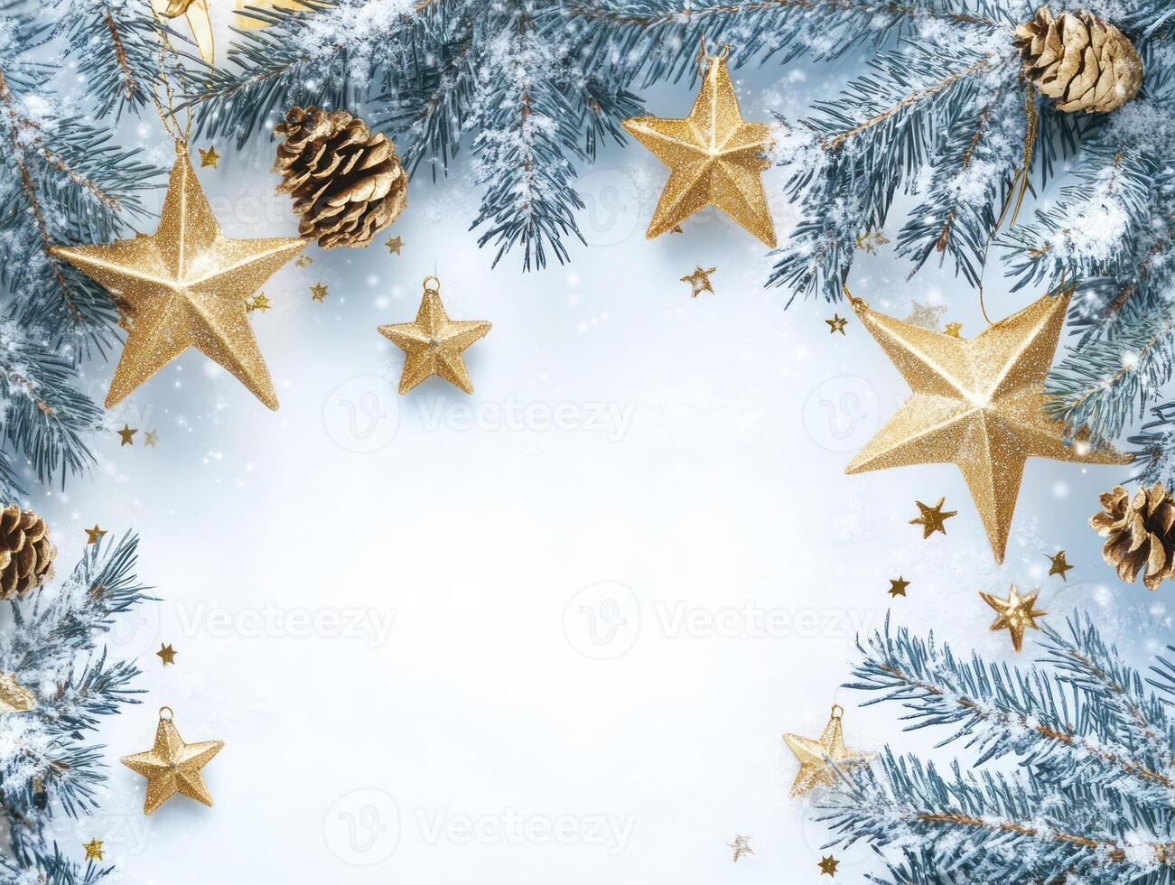 Elegant Design Featuring Gold Stars and Pine Foliage on a Snowy White Background Perfect for Holiday Greetings and Seasonal Celebrations photo