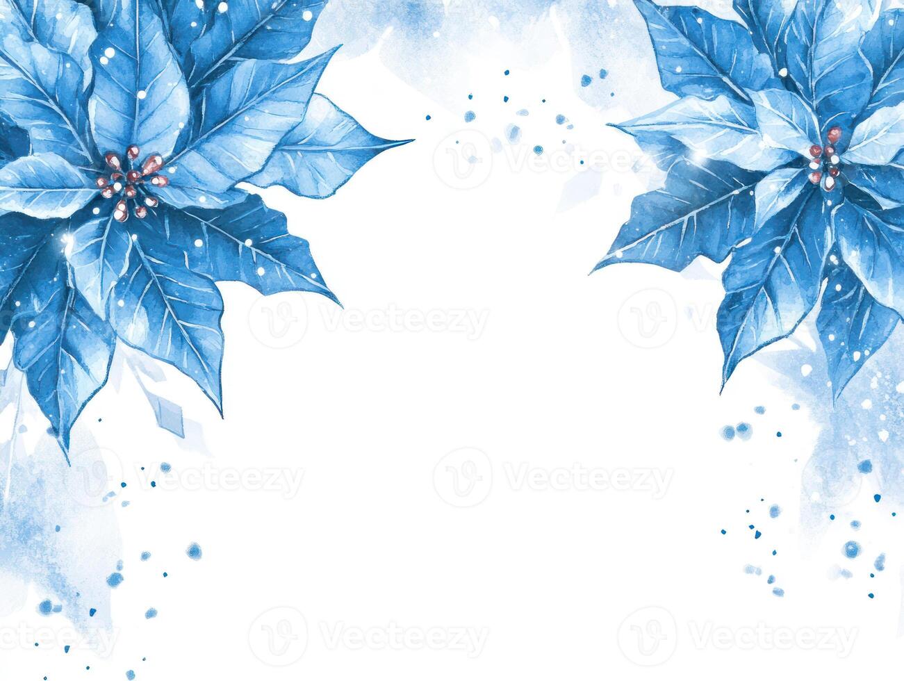 Winter Holiday Design Featuring Blue Poinsettias Framing a Snowy White Center with Text Space for Seasonal Messages and Celebrations photo
