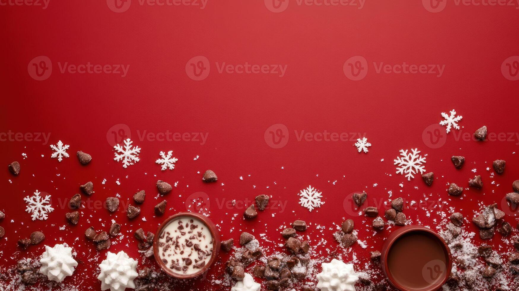 Cozy Hot Chocolate Bar Setup with Scattered Snowflakes on a Rich Red Background Perfect for Festive Text and Design Needs photo