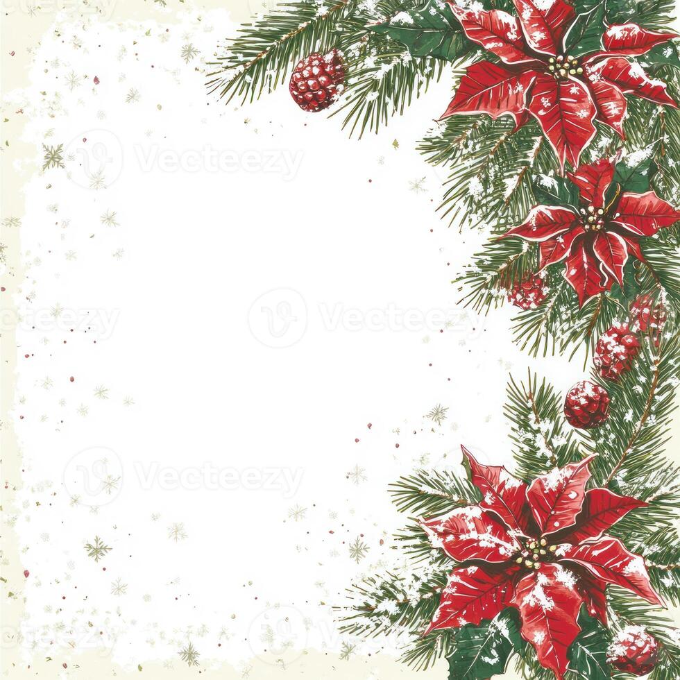 Festive Border Design Featuring Pine and Poinsettia, Perfect for Christmas Greetings with Blank Space for Personalized Text and Scattered Snowflakes photo