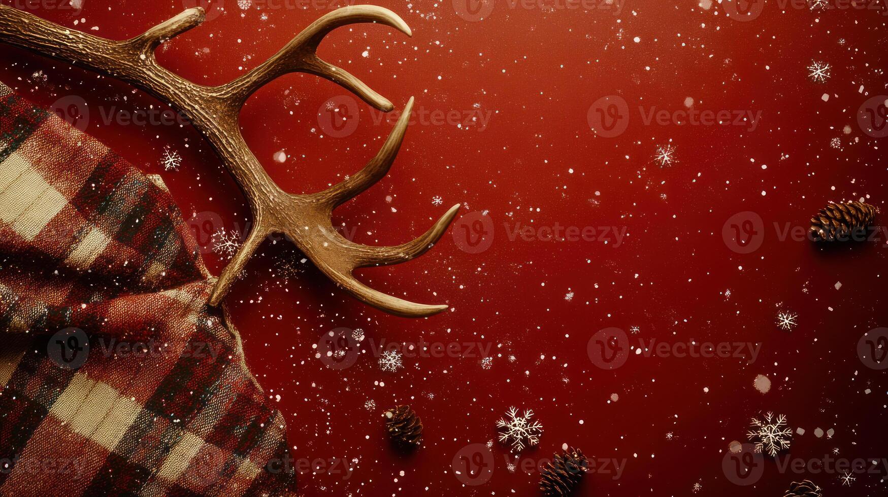 Cozy Winter Scene Featuring Rustic Antlers and Plaid Blanket with Red Background and Snowflakes, Perfect for Holiday and Seasonal Decor Themes photo