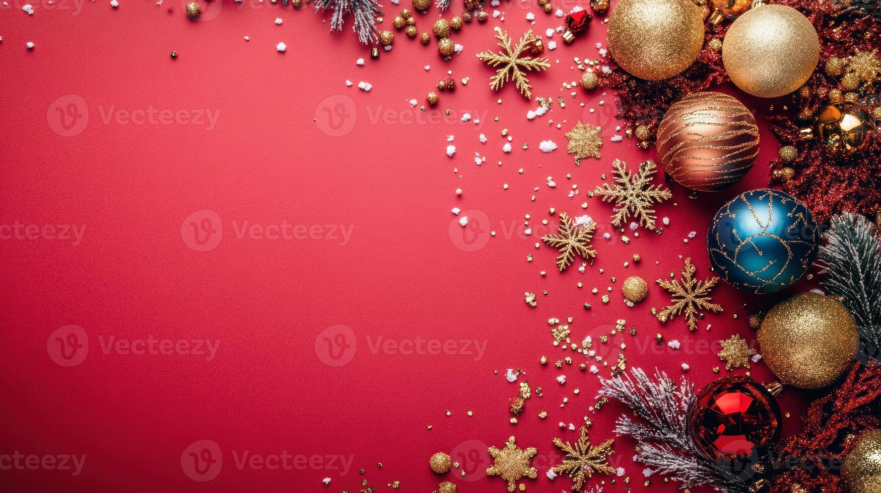 Vibrant Red Background with Elegant Gold and Red Ornaments, Snowflakes, and Decorative Elements for Festive and Holiday-Themed Design Projects photo