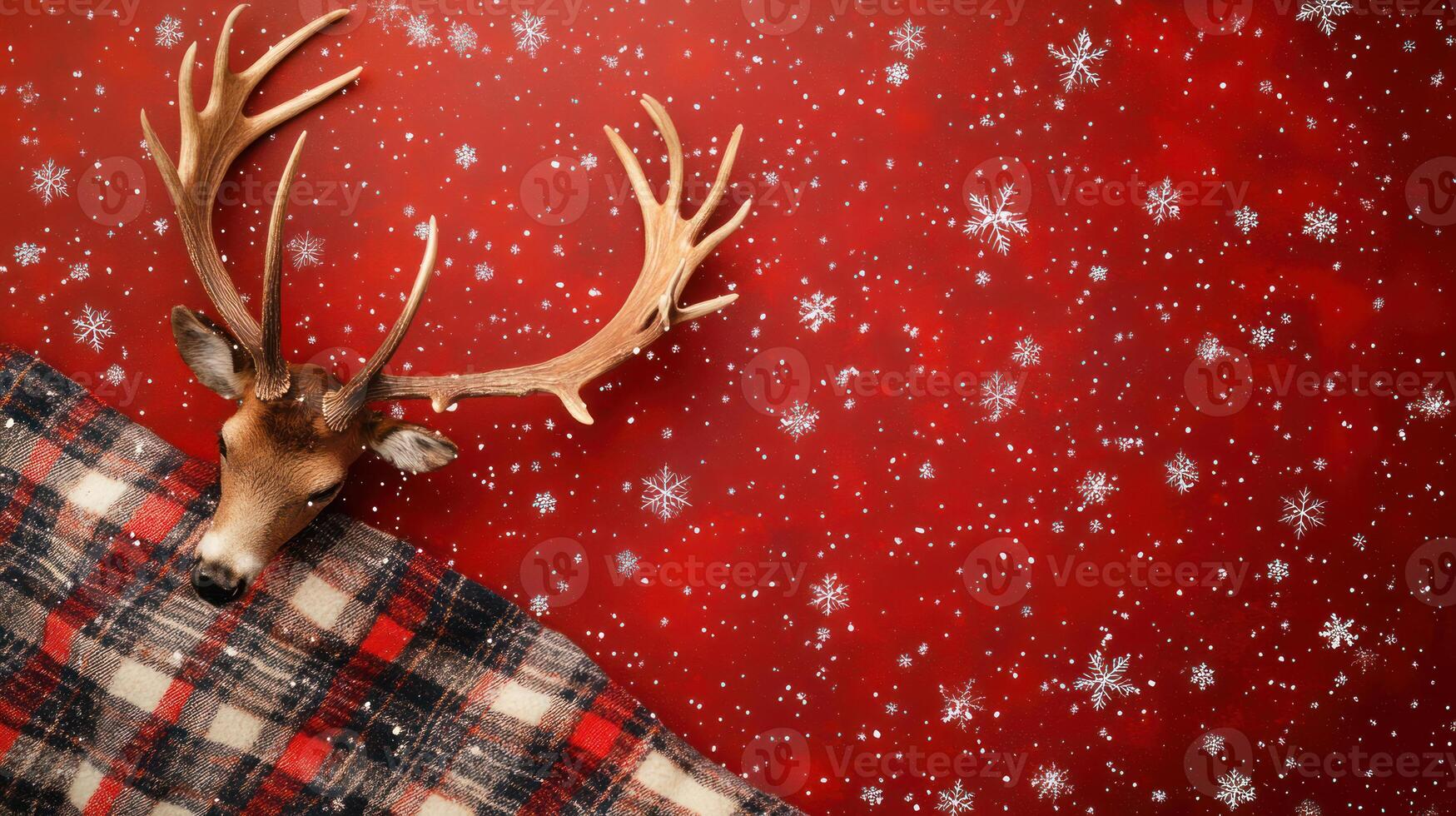 Cozy Holiday Scene Featuring a Reindeer with Antlers and a Stylish Plaid Blanket Against a Vibrant Red Background Adorned with Delicate Snowflakes photo