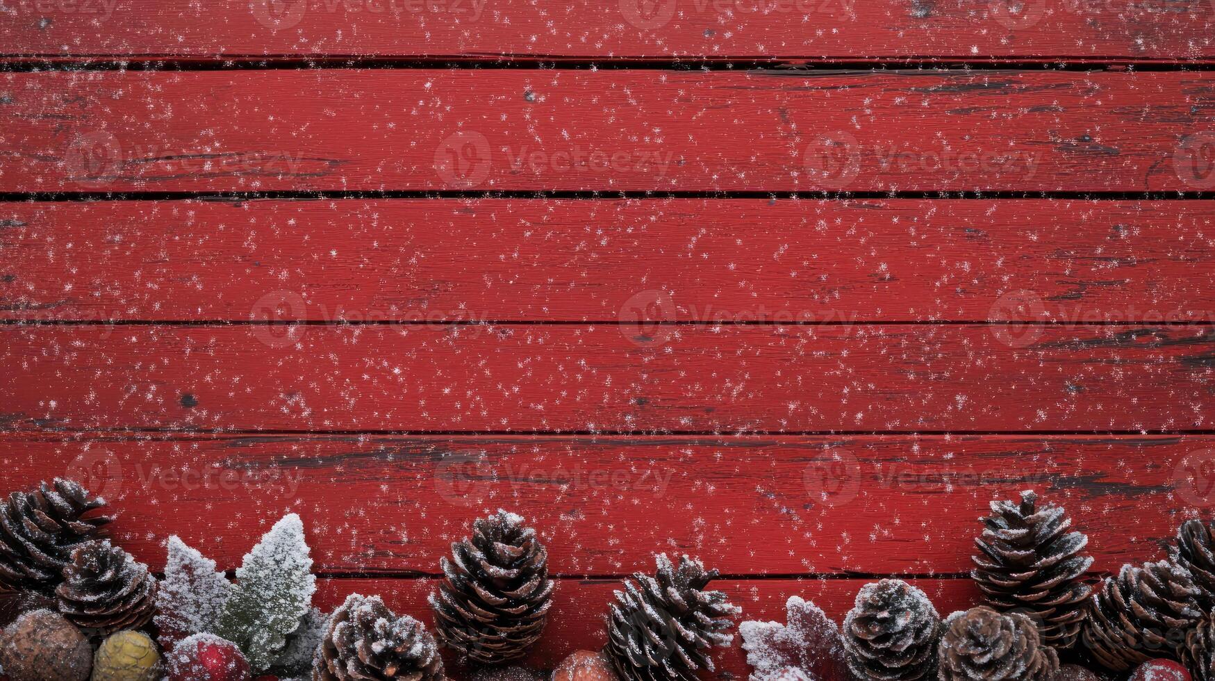 Rustic Christmas Decor Featuring Pinecones on a Snowy Red Wood Background with Empty Space for Text and Soft Falling Snowflakes photo
