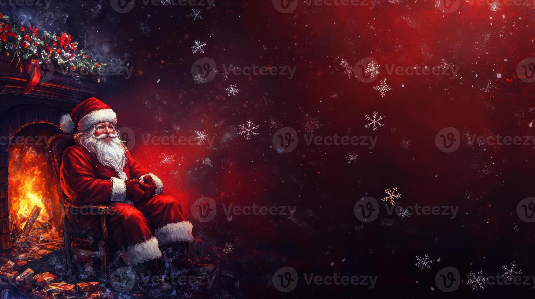 Cozy Santa Claus Relaxing by a Fireplace Surrounded by Snowflakes and a Deep Red Atmosphere, Perfect for Holiday and Winter Celebrations photo
