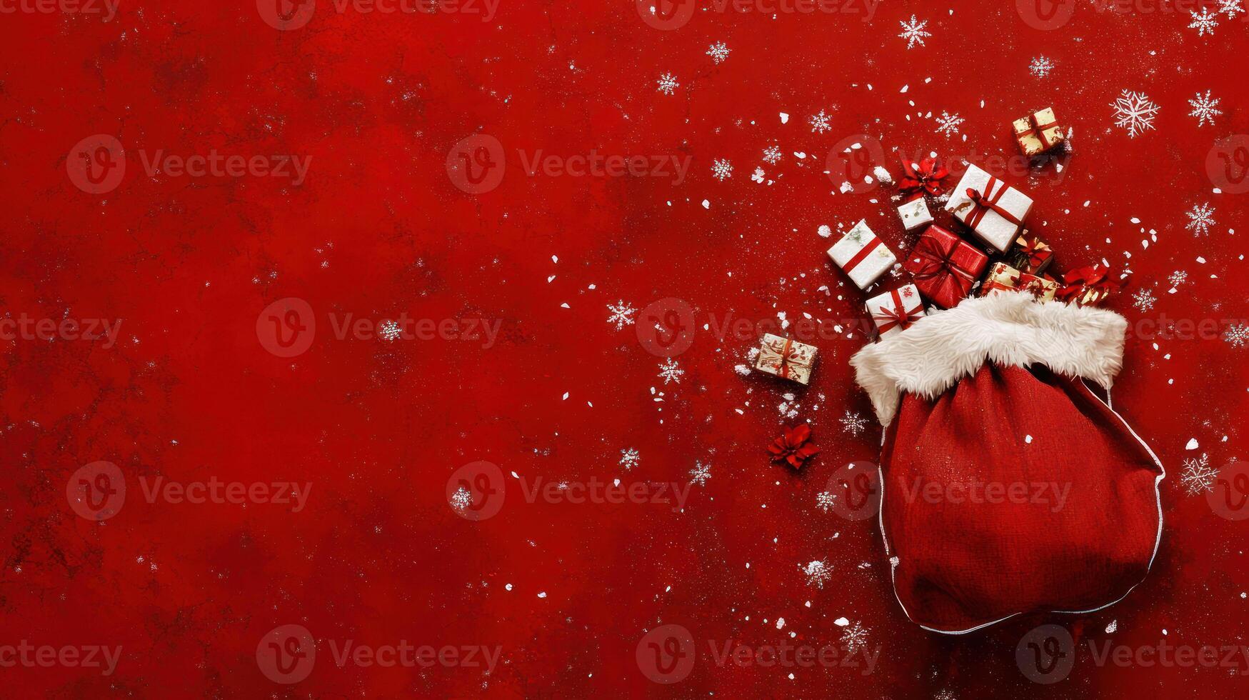 Festive Santa Bag Overflowing with Colorful Presents on a Rich Red Background with Elegant Snowflakes Scattered Throughout the Scene photo