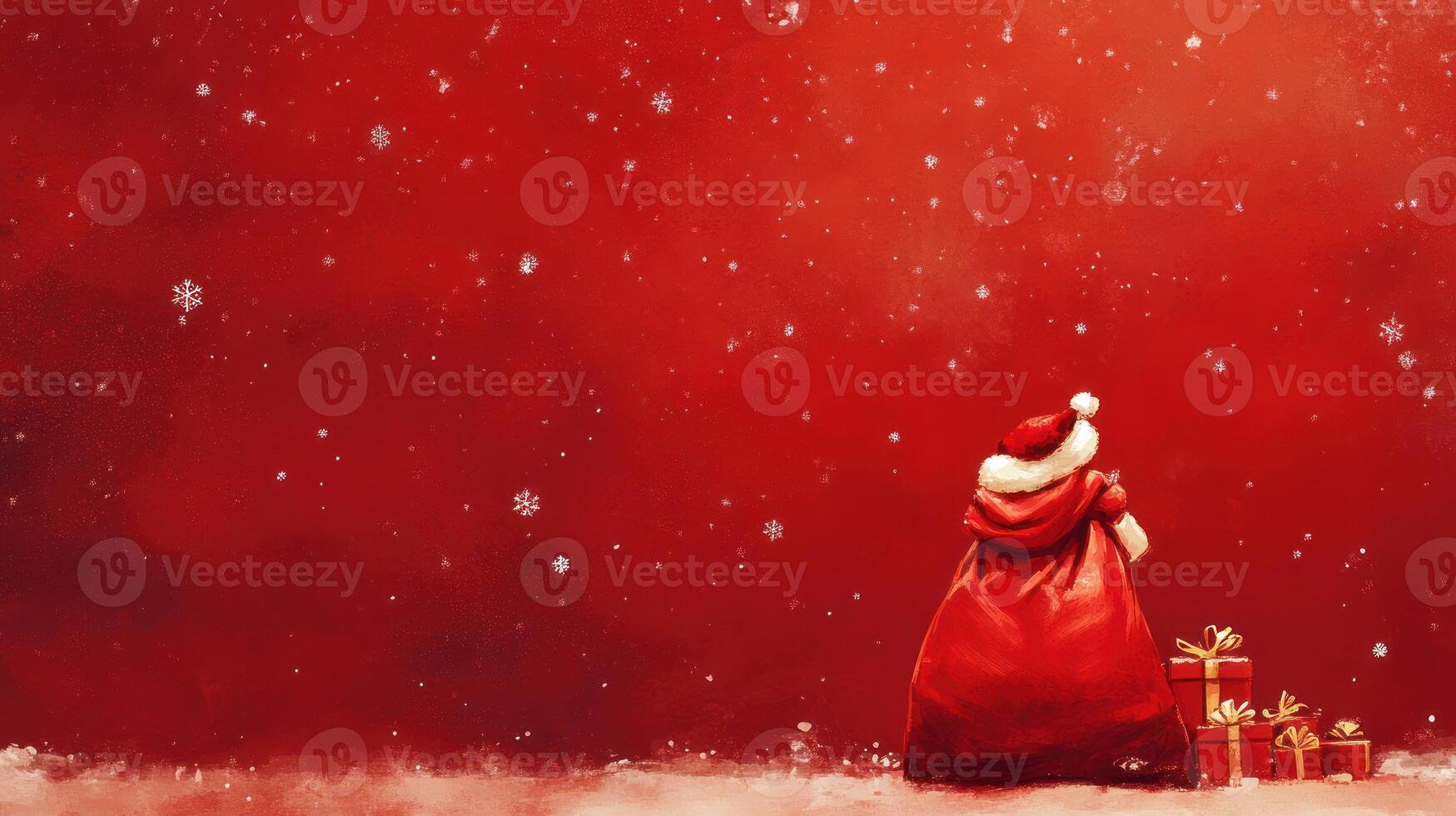 A Festive Scene Featuring Santa's Rich Red Bag Surrounded by Presents and Snowflakes Against a Vibrant Red Background for Holiday Cheer photo