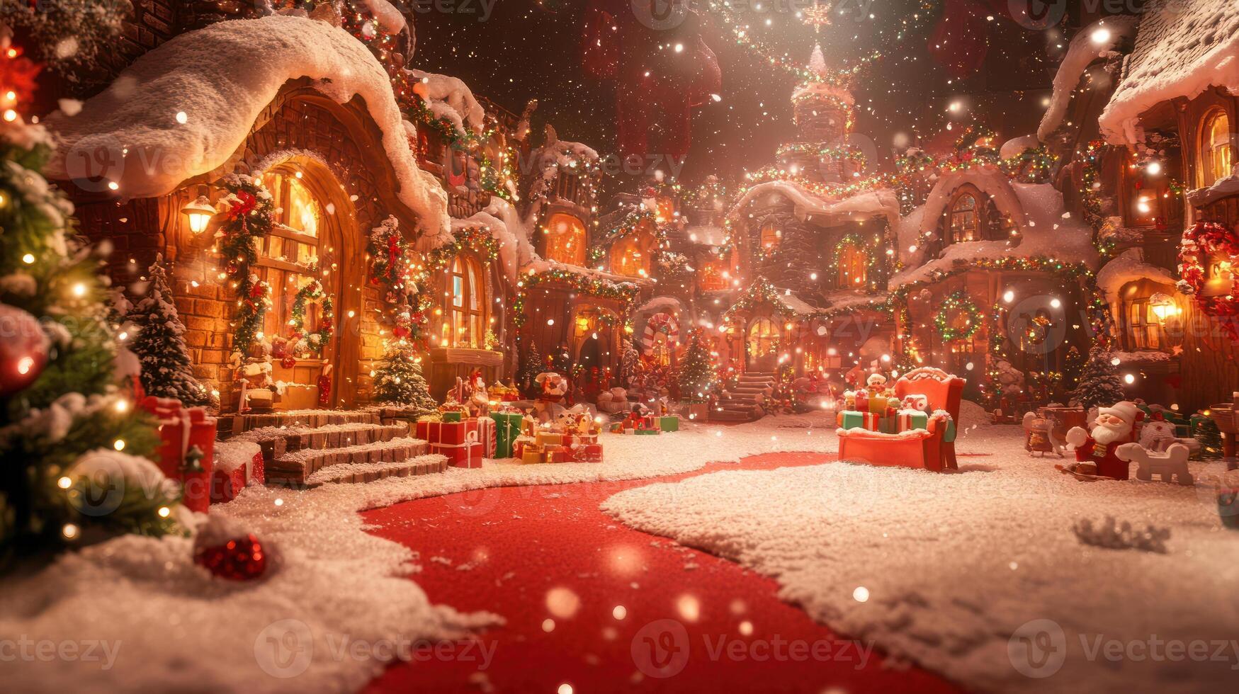 Enchanting Christmas Scene Featuring Santas Workshop Filled with Colorful Toys and Gifts, Surrounded by Snow and Holiday Cheer in a Cozy Winter Wonderland photo