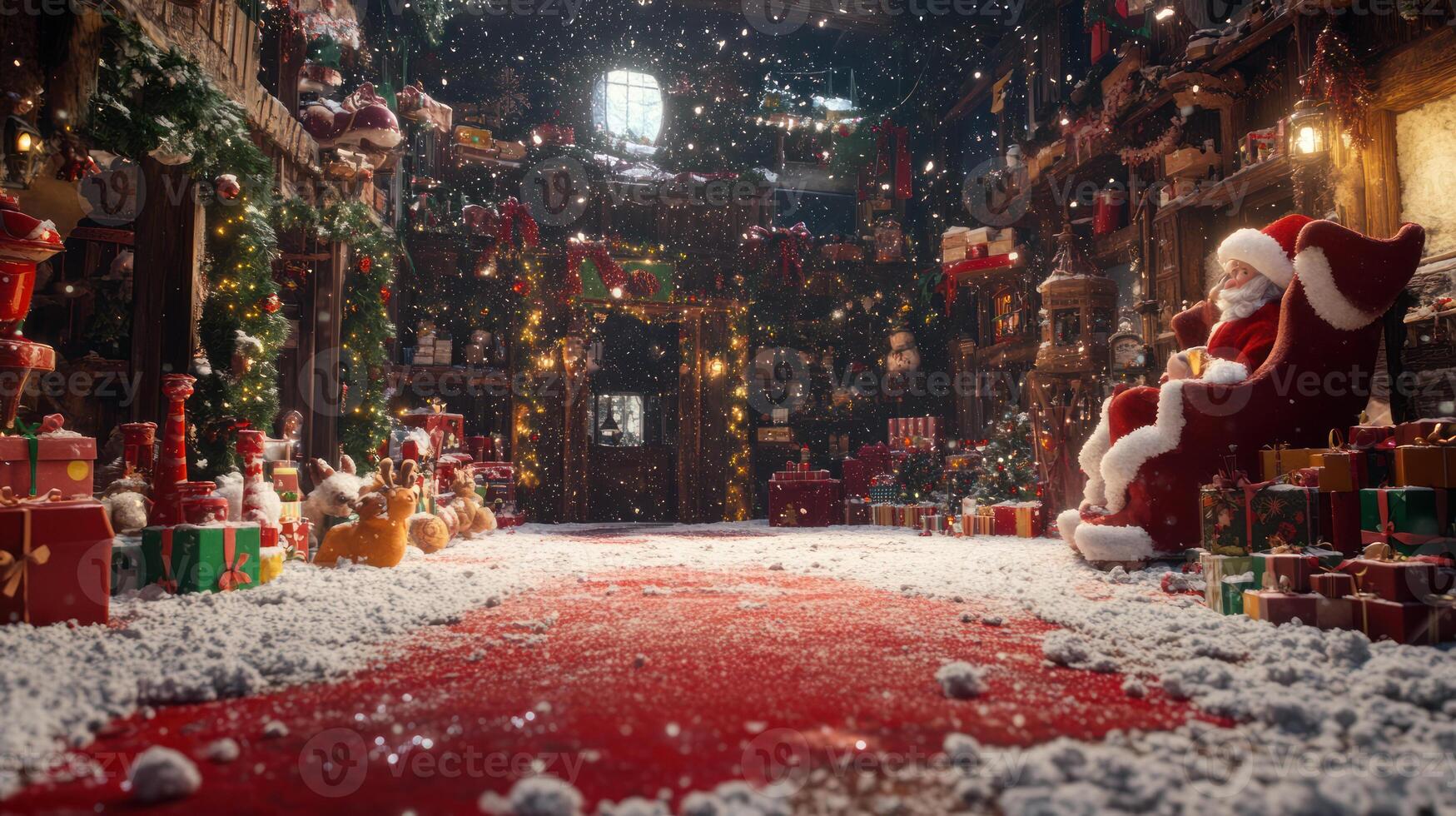 Festive Holiday Scene Inside Santa's Workshop with Abundant Toys and Gifts Surrounded by Snow and a Cozy Atmosphere for the Christmas Season photo