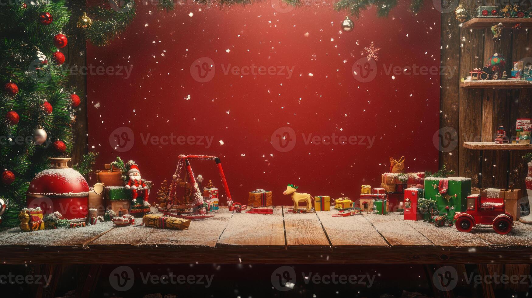 Festive Holiday Scene with Santa's Workshop Table Covered in Colorful Toys, Snowflakes, and a Red Background, Ideal for Christmas-Themed Projects and Designs photo