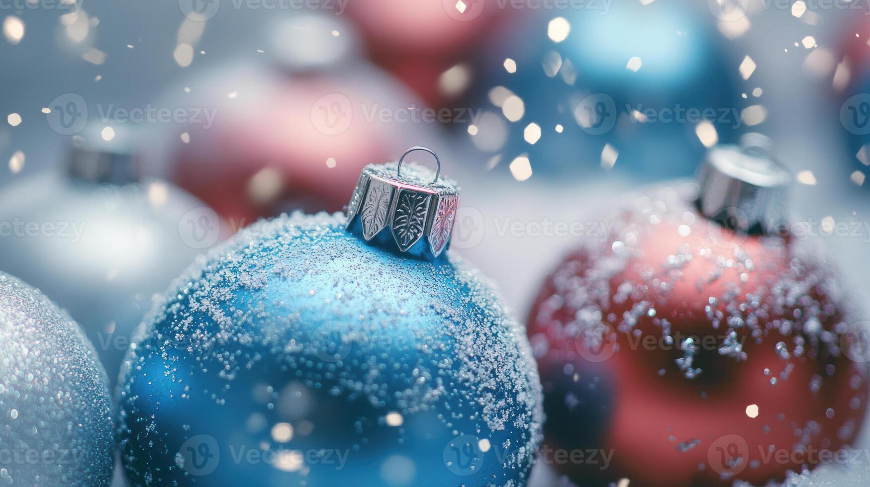 Frosted Red and Blue Ornaments with Silver Accents Against a Soft Winter Background and Scattered Snowflakes for Holiday Decorations photo