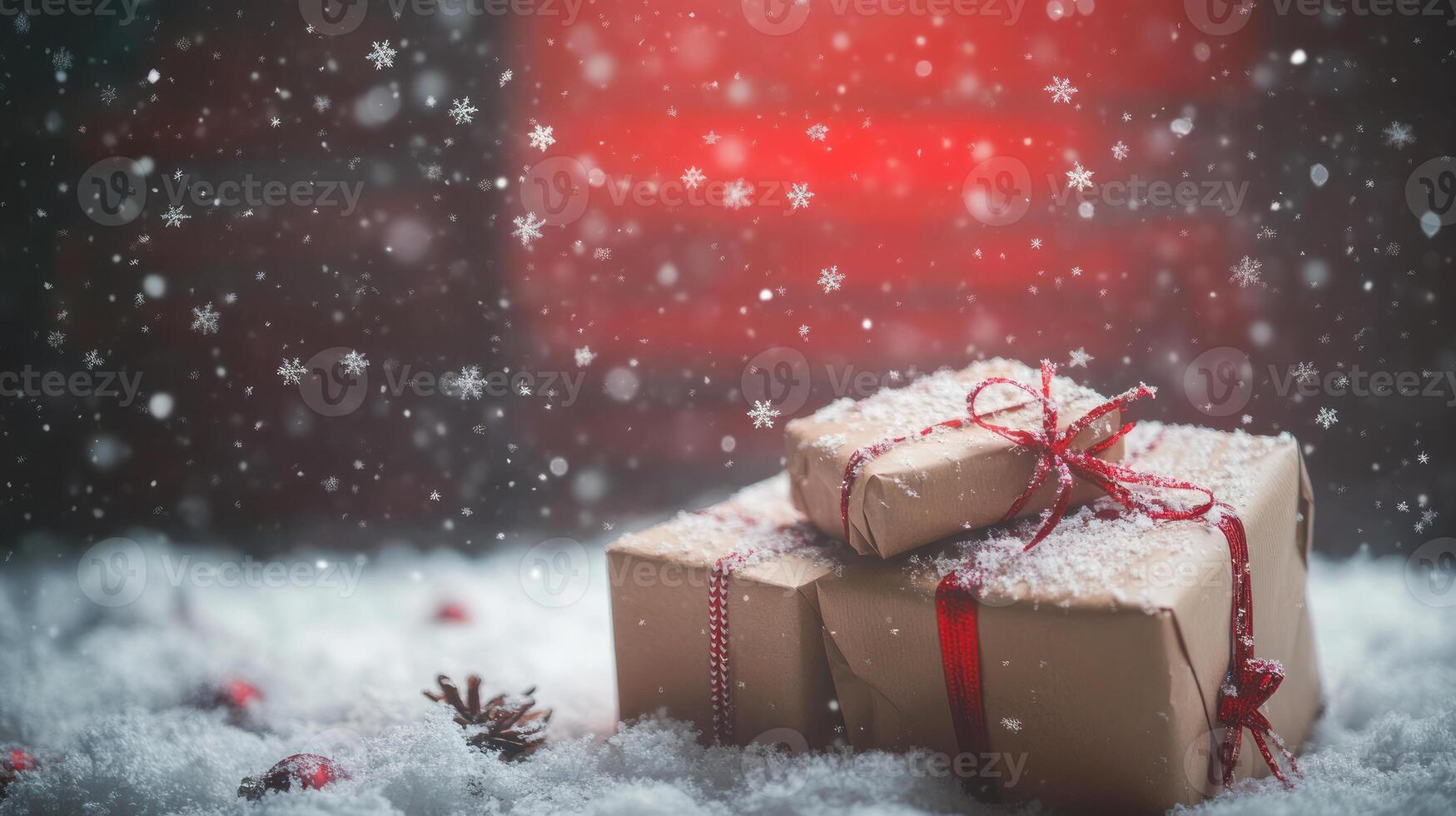 A Festive Scene of Presents on a Snowy Ground with a Tinted Red Background and Scattered Snowflakes in a Winter Wonderland photo