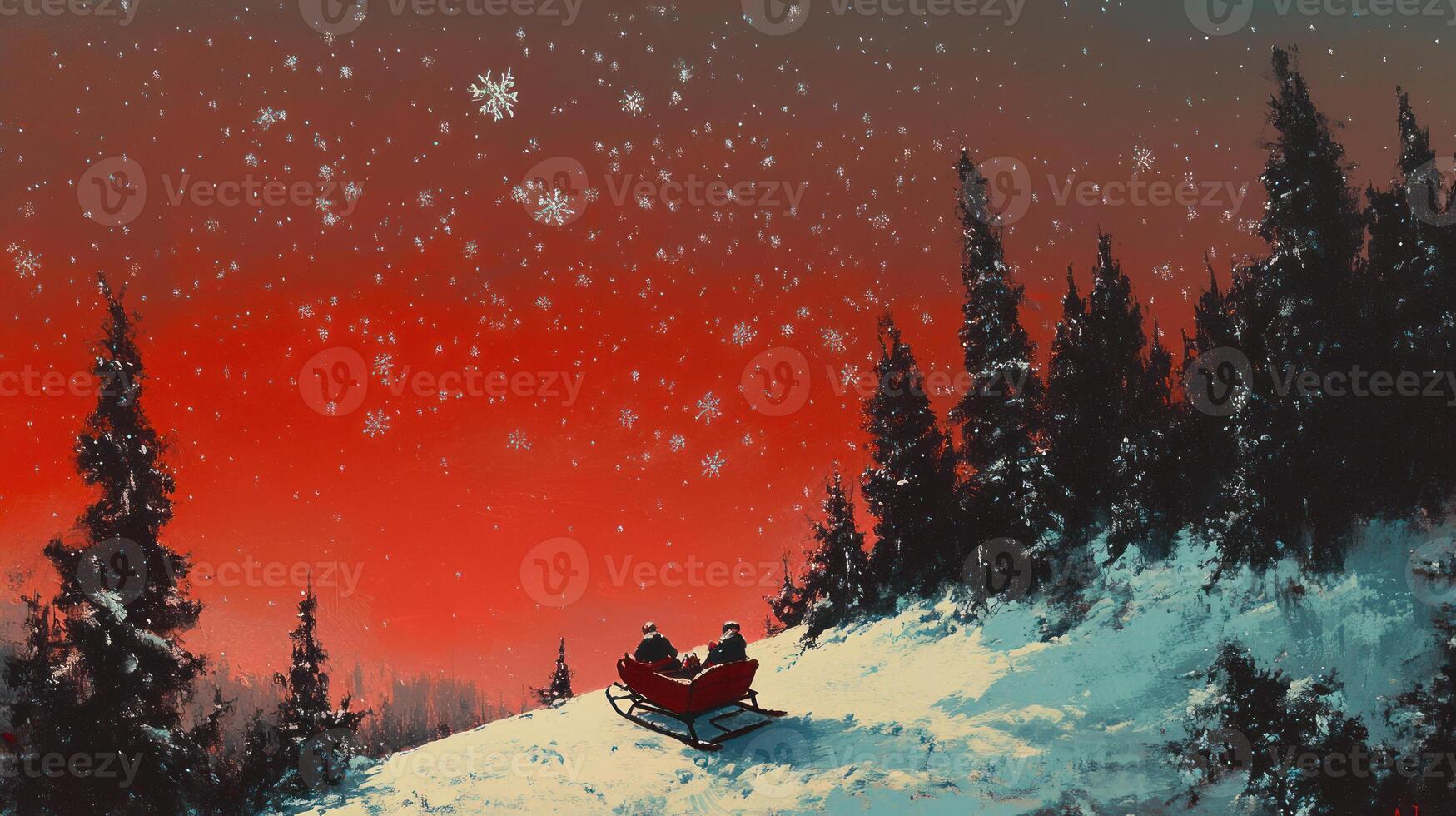 Enchanting Winter Scene with a Red Sleigh Against a Snowy Sky Filled with Snowflakes and a Tinted Red Horizon During a Serene Holiday Evening photo