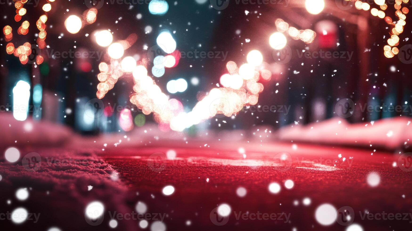 Snowy Street Scene with Festive Christmas Lights Creating a Magical Holiday Atmosphere in the Background and Deep Red Foreground Area photo