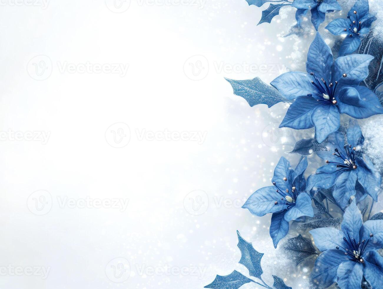 Elegant Blue Flowers Against a Snowy Background Ideal for Holiday Themes and Personalized Christmas Greetings with Ample Space for Text photo