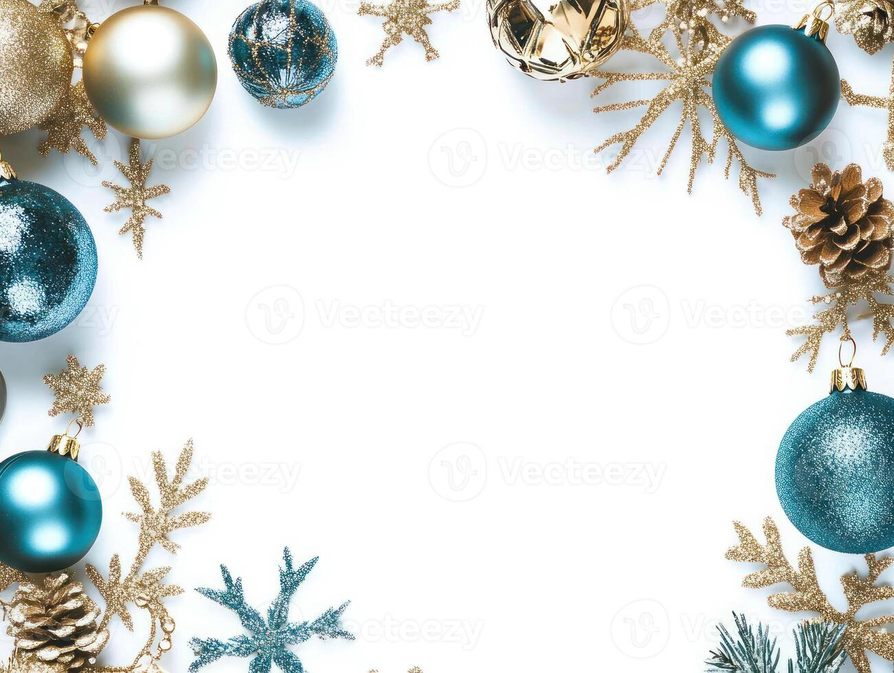 Elegant Christmas Layout Featuring Gold and Blue Ornaments with Delicate Snowflakes Framing a Blank Center Space for Text Ideal for Holiday Greetings and Festive Designs photo