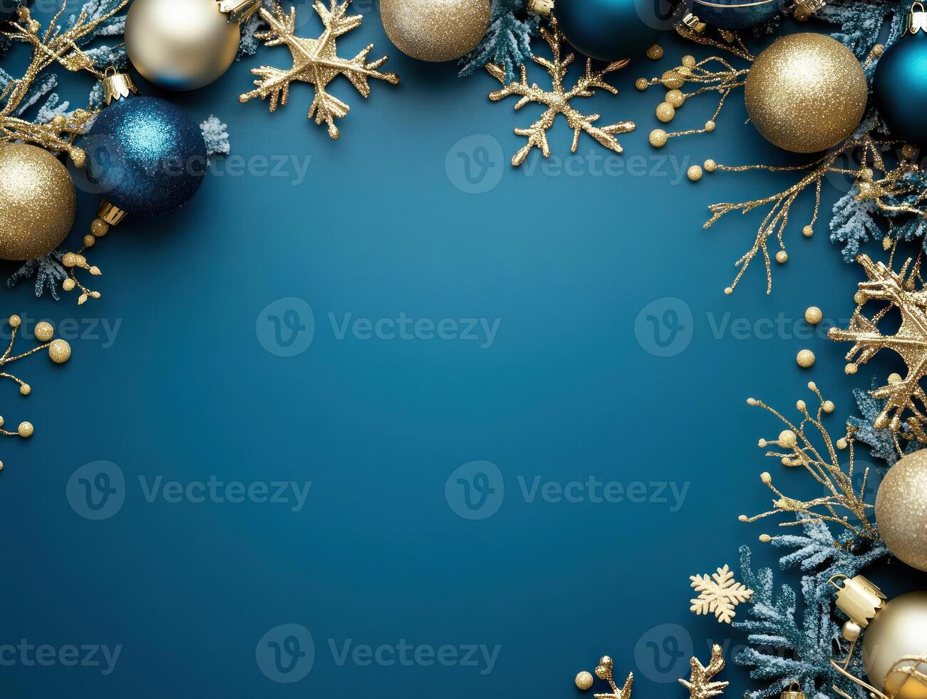 Elegant Christmas Layout Featuring Gold and Blue Ornaments Surrounded by Snowflakes and Decorative Accents, Perfect for Custom Holiday Text and Greetings photo