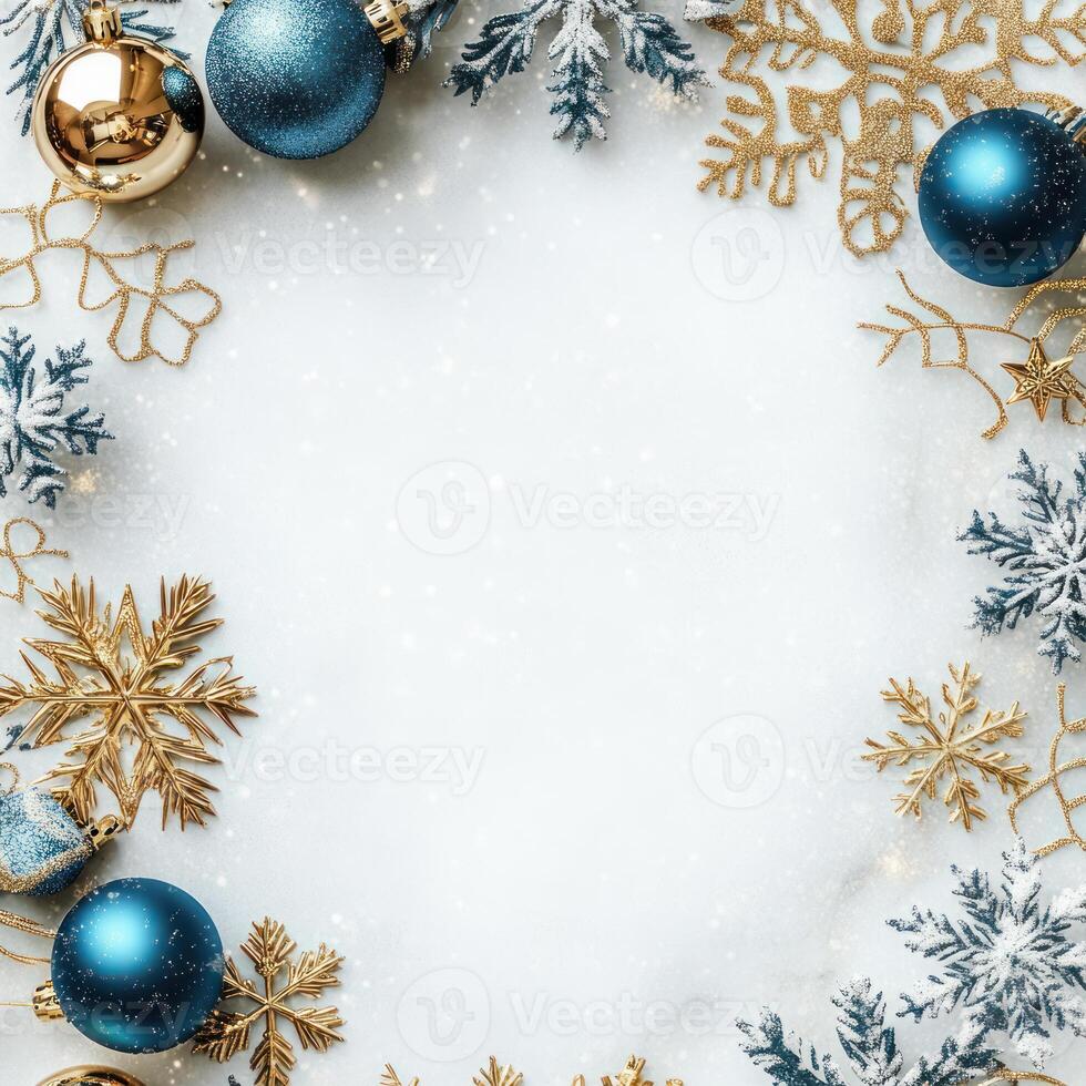 Sophisticated Christmas Layout with Gold Snowflakes and Blue Ornaments Framing a Blank Center Space for Custom Text and Holiday Messages photo