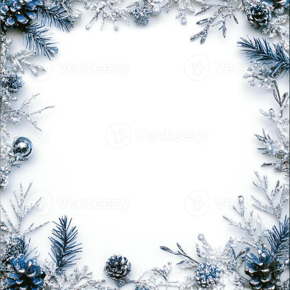 Elegant Winter Holiday Background with Silver and Blue Accents Framing a Blank White Center for Custom Text and Seasonal Greetings photo