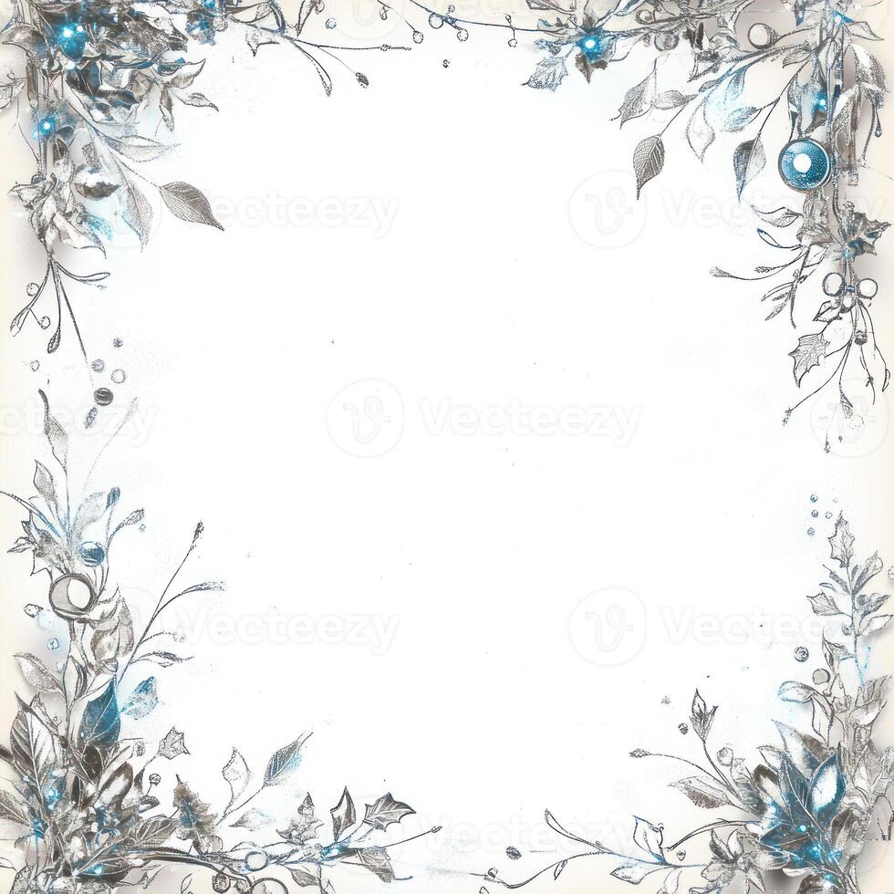 Elegant Holiday Border Design with Silver and Blue Accents Perfect for Snow-Themed Textual Content in a Blank White Center Frame photo