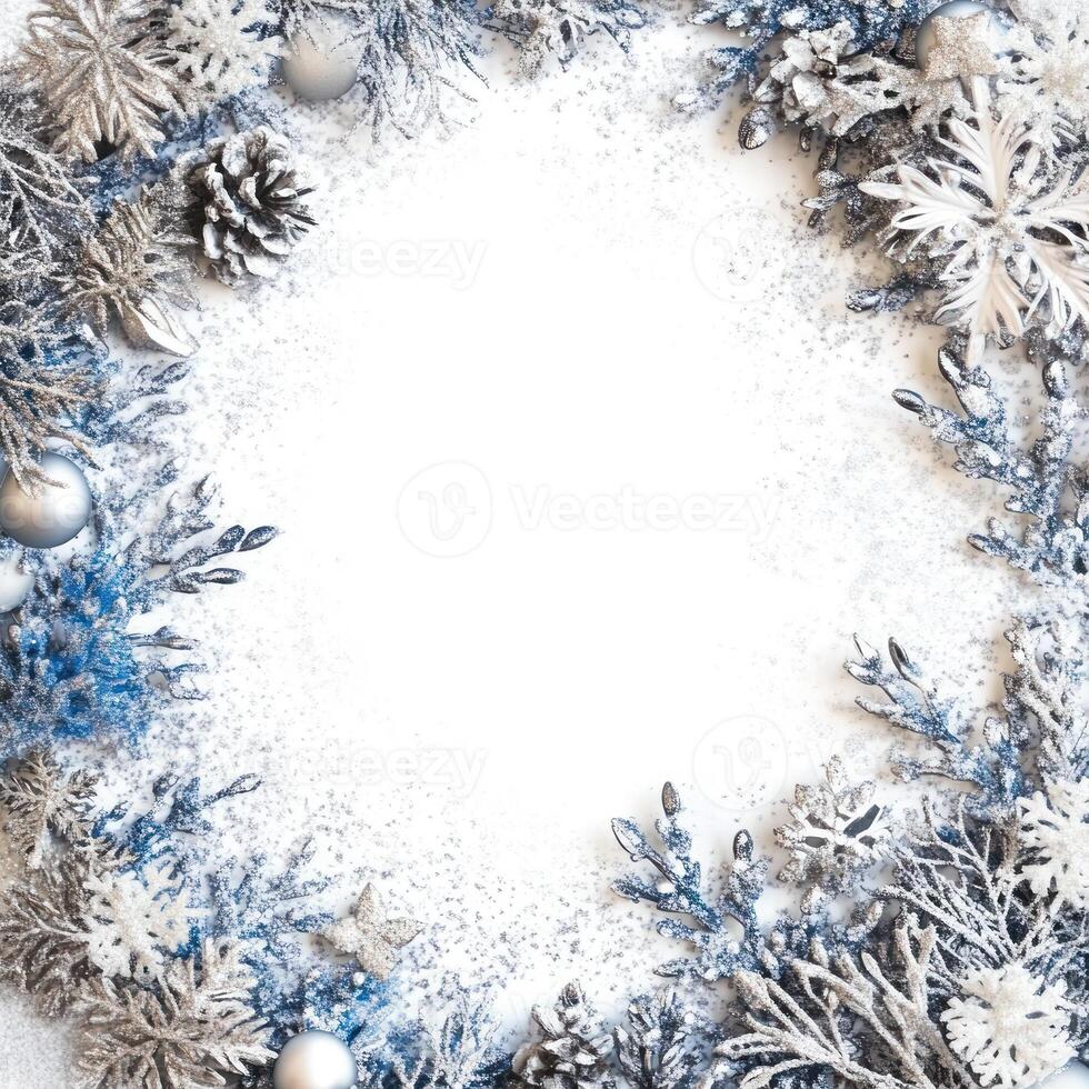 Elegant Holiday Border with Silver and Blue Accents Featuring Snowy Text Space for Seasonal Messages and Celebrations photo