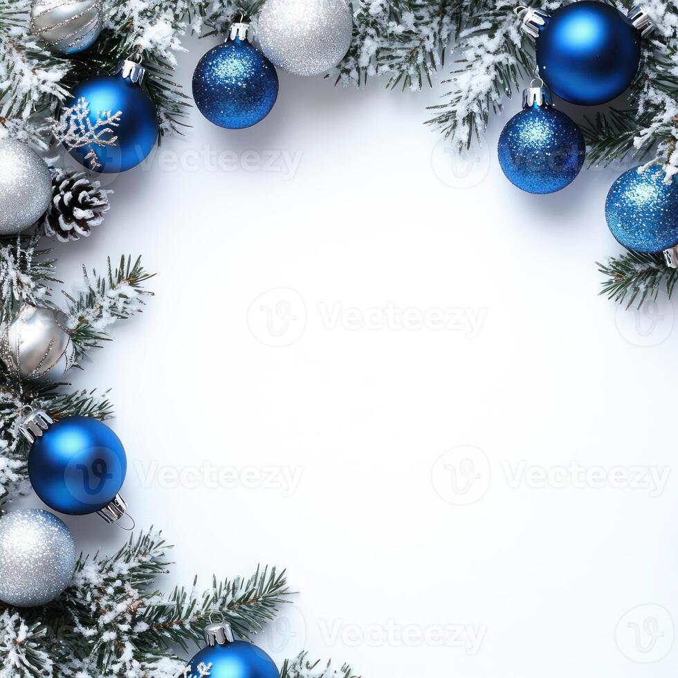 Elegant Holiday Border with Silver and Blue Accents Framing a Blank White Center Ideal for Adding Text and Festive Wishes photo