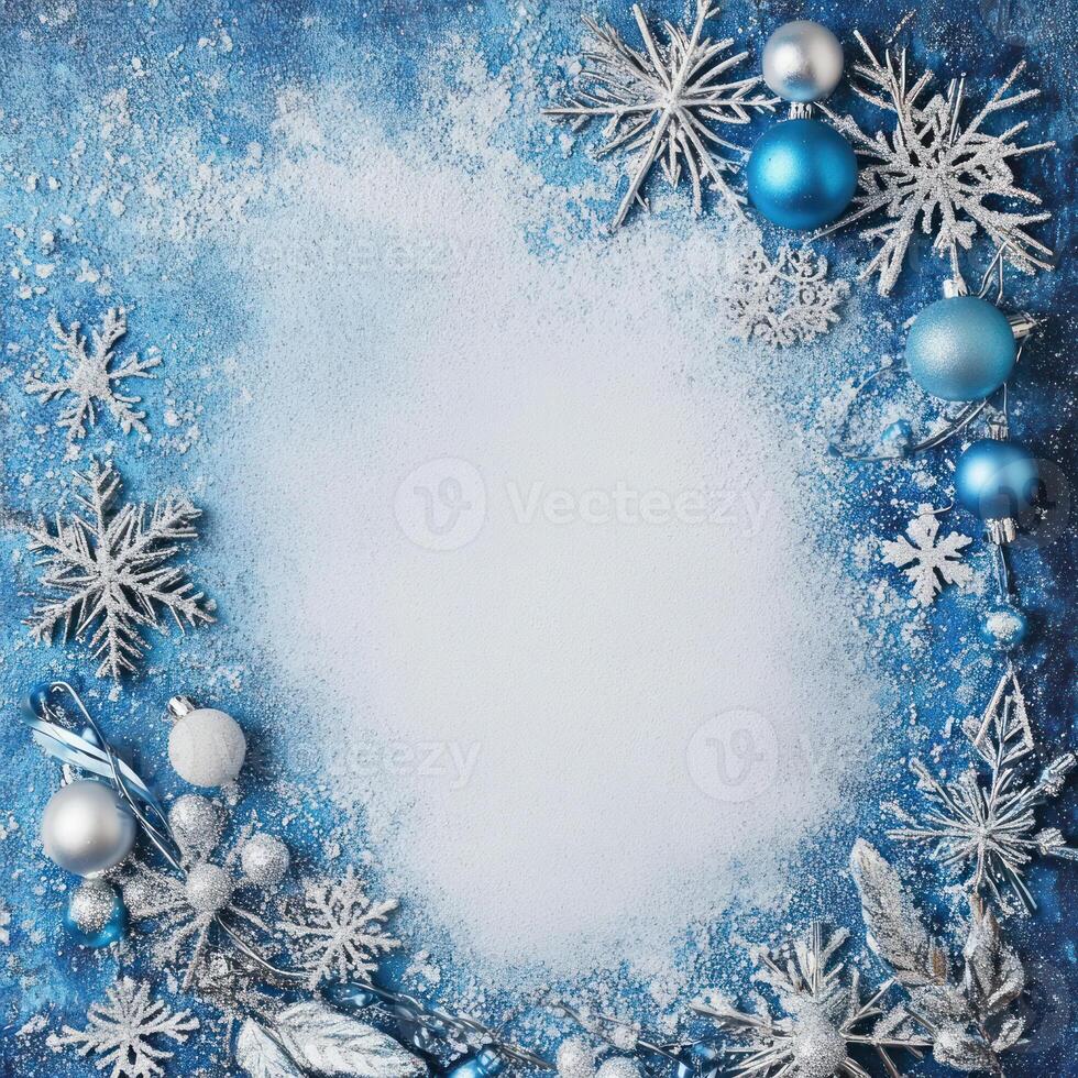 Decorative Blue and Silver Snowflake Border with Blank White Center for Text, Ideal for Holiday or Winter-Themed Invitations and Posters photo