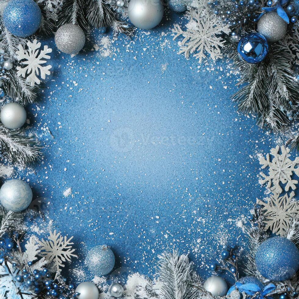 Winter-Themed Blue and Silver Decor Featuring Scattered Snowflakes and a Blank White Center for Customized Text or Messaging photo