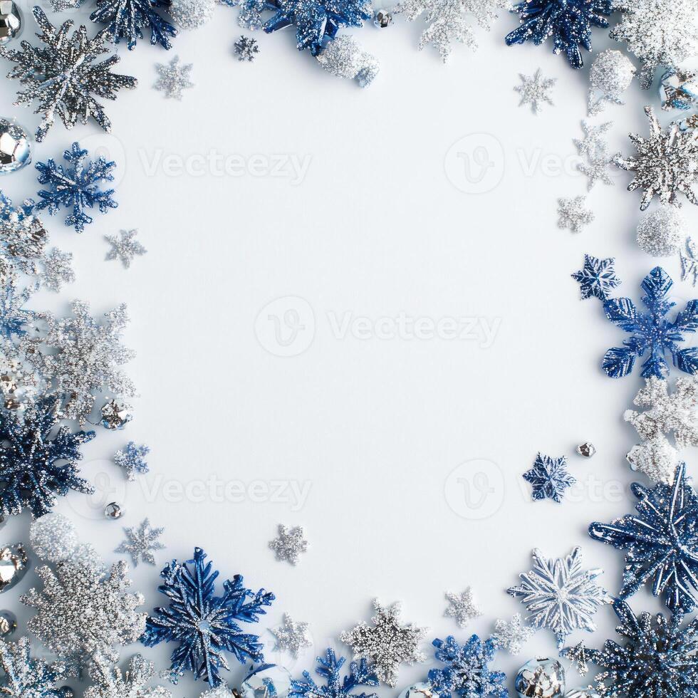Elegant Blue and Silver Snowflake Border Design for Blank White Center Space Ideal for Holiday Invitations, Seasonal Cards, and Festive Decorations photo
