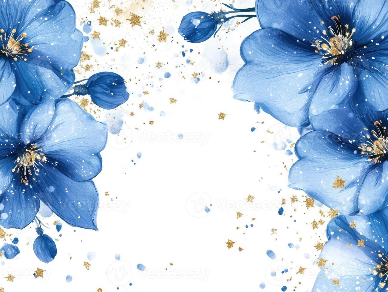 Elegant Blue Floral Composition with Gold Stars and Blank Space for Text, Perfect for Invitations, Greeting Cards, and Artistic Designs photo
