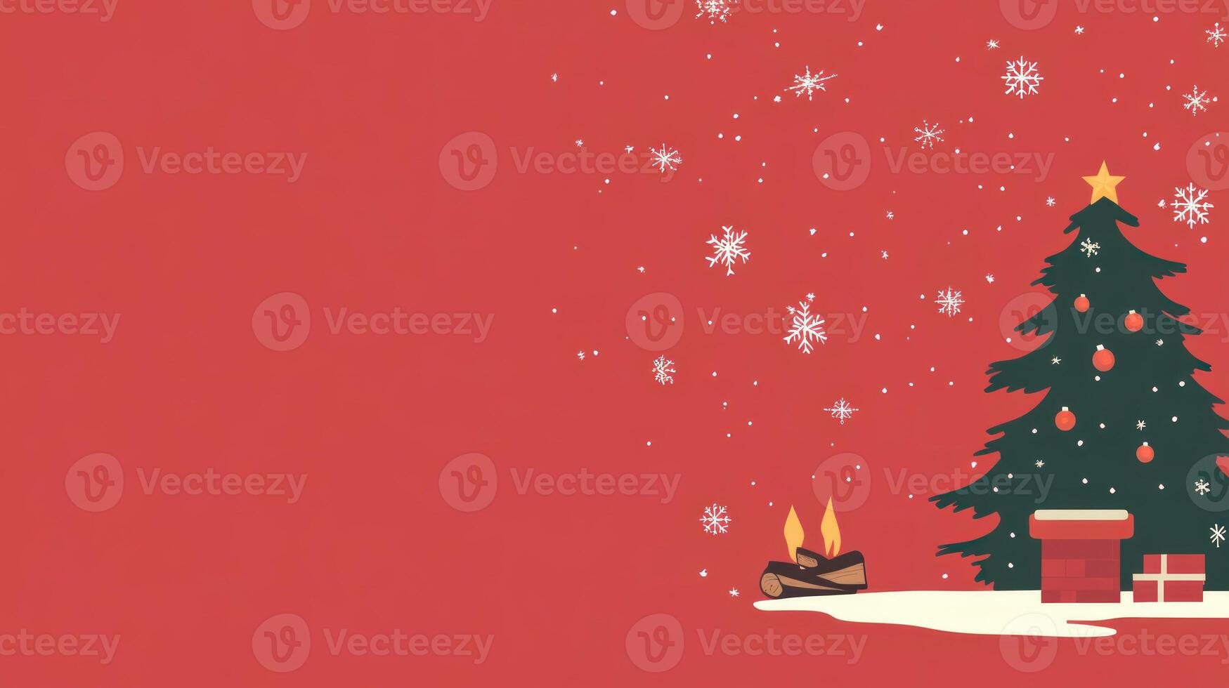 Cozy and Festive Christmas Scene Featuring a Fireplace with Flames and a Decorated Christmas Tree Surrounded by Snowflakes on a Bright Red Background photo