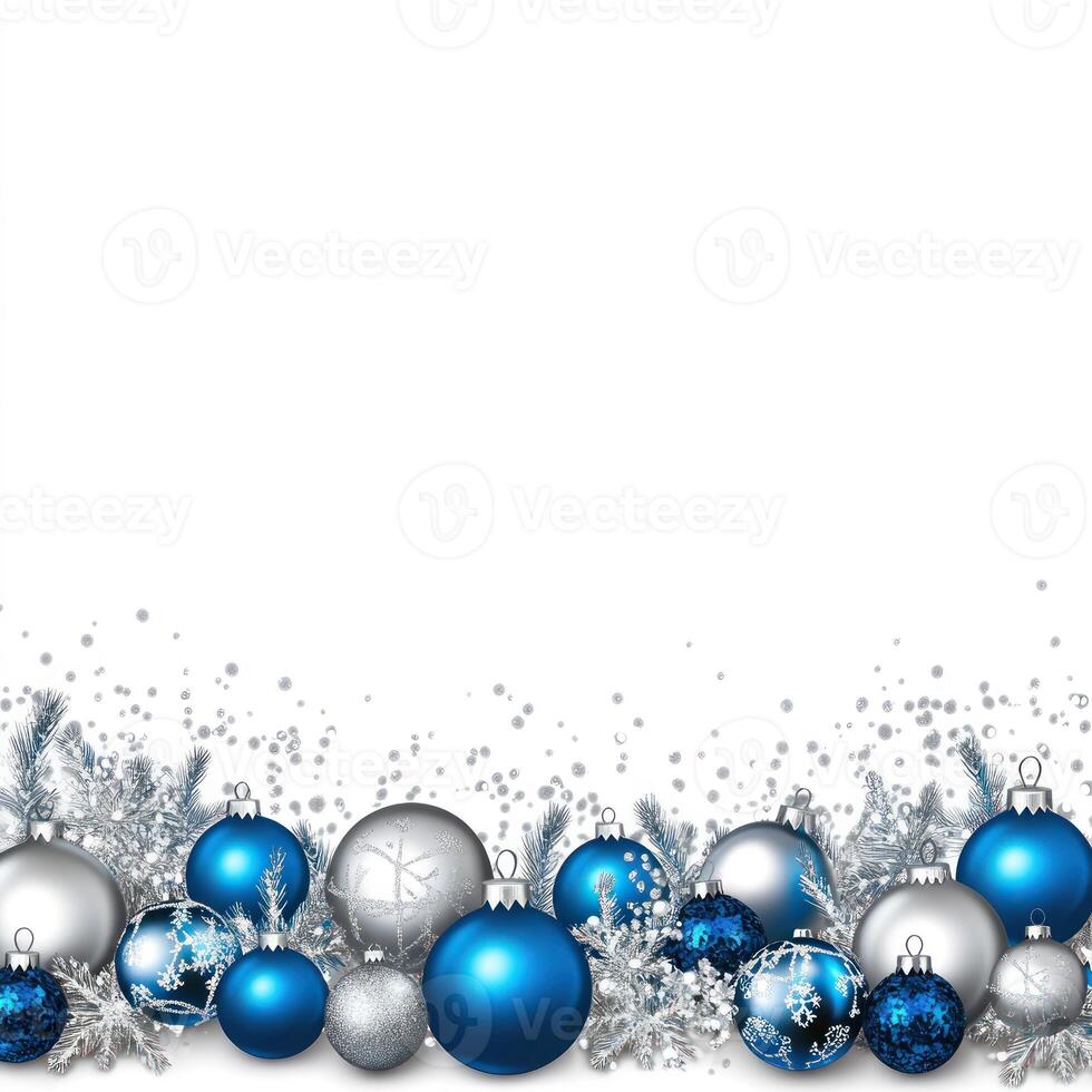 Beautiful Winter Christmas Background Featuring Silver and Blue Ornaments with Open White Space Above for Text and Holiday Greetings. photo