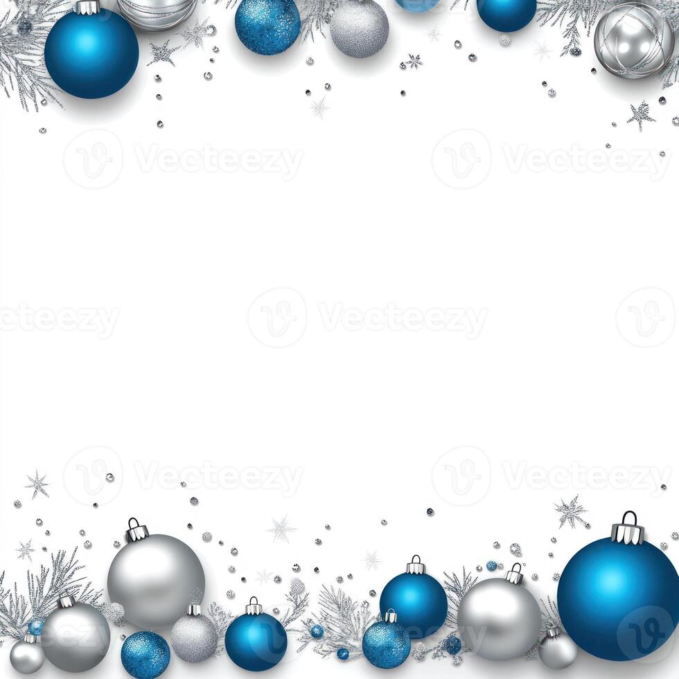Beautiful Winter Christmas Background Featuring Silver and Blue Ornaments with Open White Space Above for Text or Seasonal Greetings photo