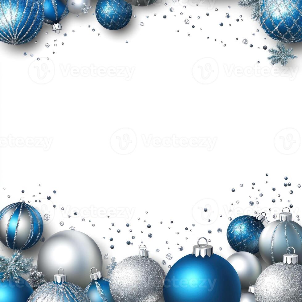 Elegant Winter Background Featuring Silver and Blue Ornaments with Expansive White Space Above for Custom Text and Holiday Greetings photo