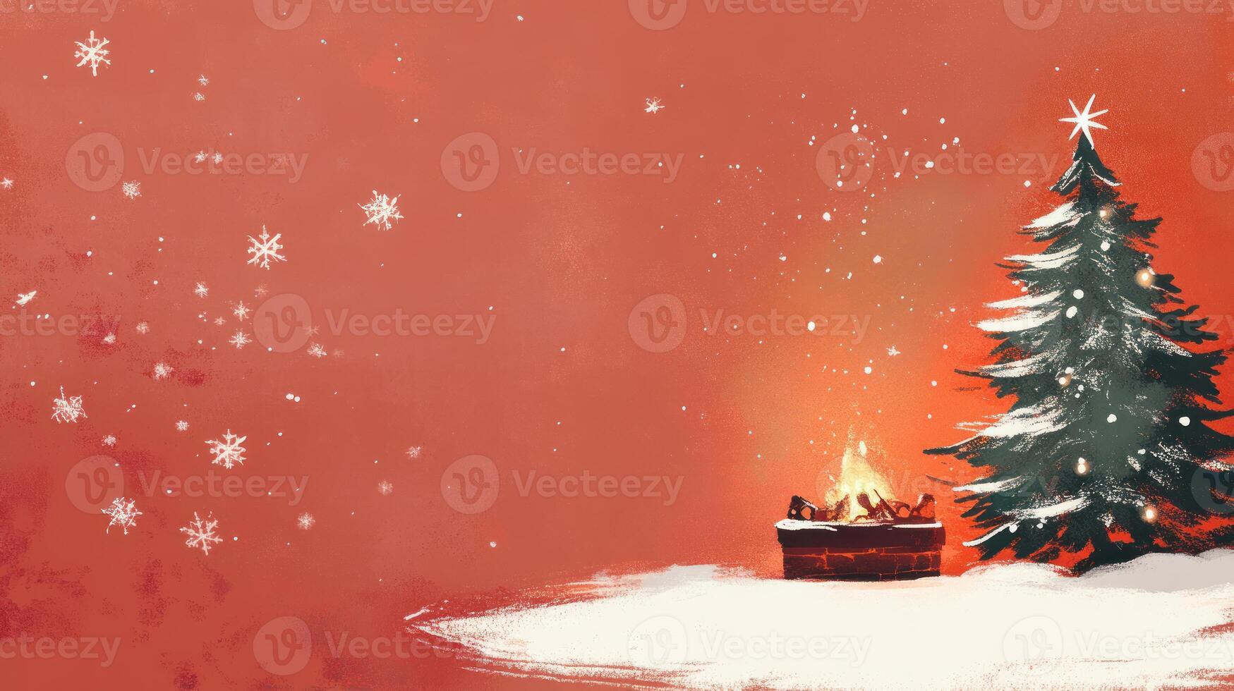 Cozy Christmas Scene with Fireplace, Snowflakes, and Tree on a Red Background for Holiday Cheer and Festive Celebrations photo