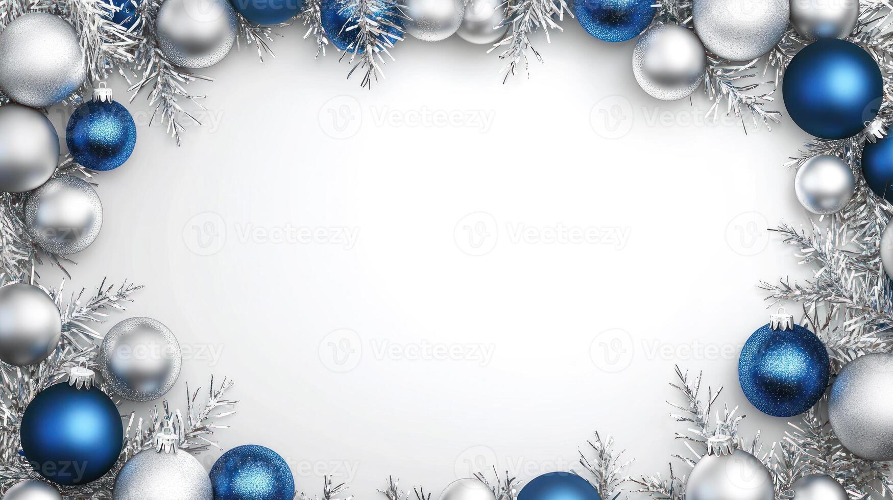 Festive Winter Background with Silver and Blue Ornaments Framing a Blank Space Ideal for Holiday Text or Messages in a Christmas Theme photo