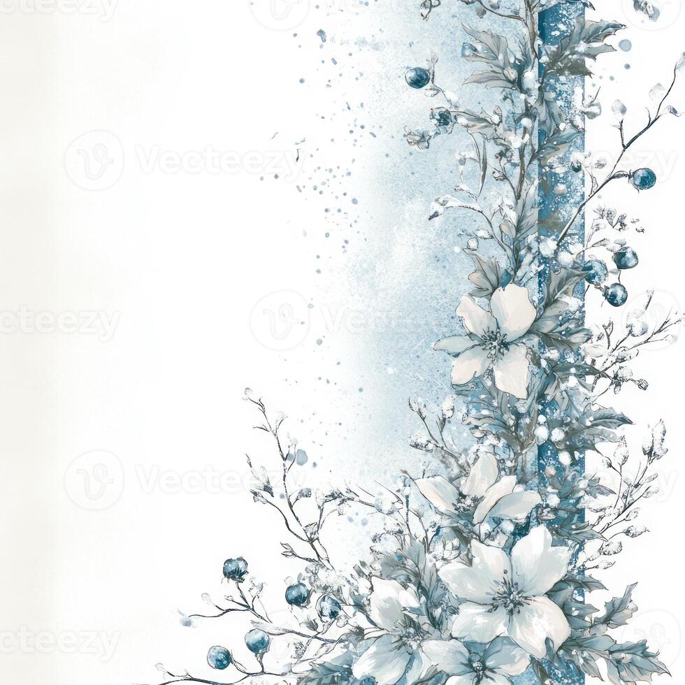 Winter Floral Arrangement with Silver and Blue Accents Perfect for Christmas Design, Featuring a Blank Left Side Ideal for Text Overlay photo