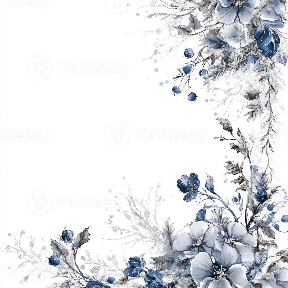 Elegant Winter Floral Border Design with Silver and Blue Accents Ideal for Christmas Text, Featuring a Blank Left Side for Customization photo