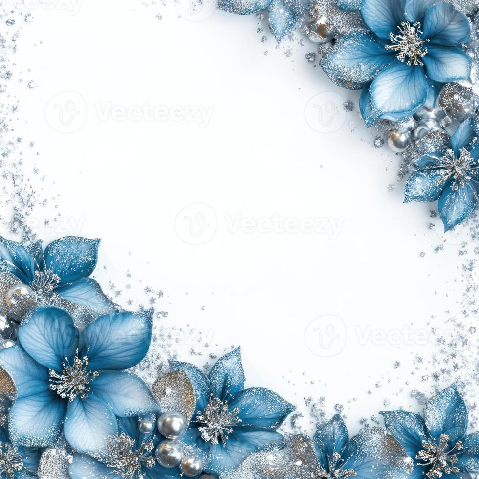 Christmas, Thankgiving, border Frame blue flowers on a white background photo