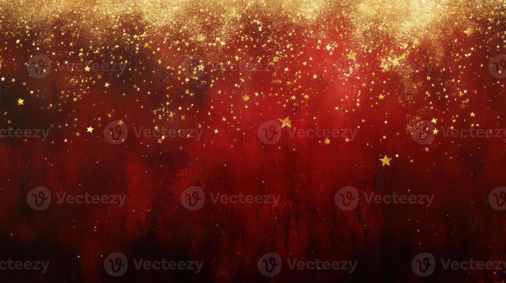Red background, gold stars, text overlay, cosmic theme. photo