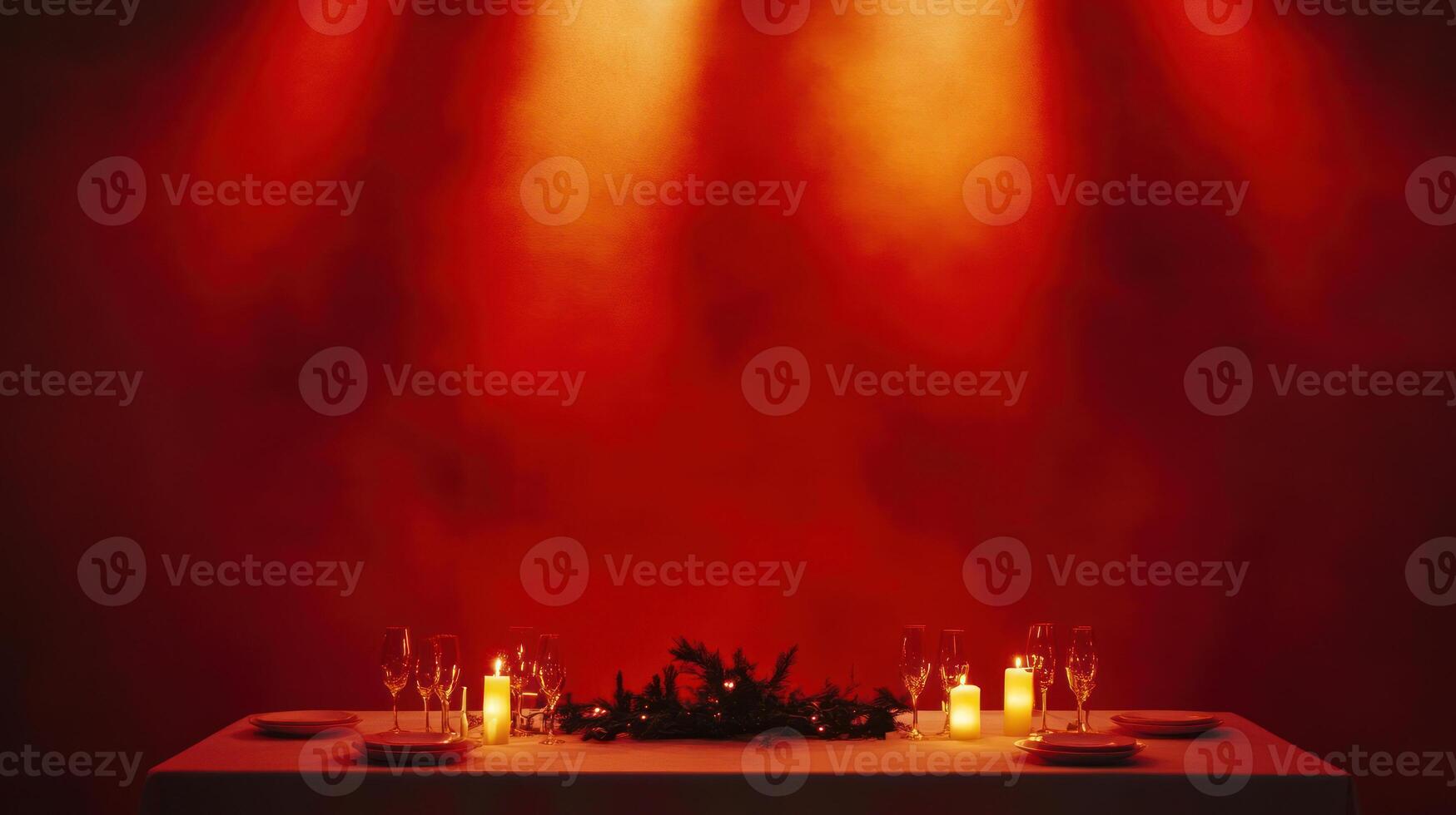 Christmas dinner table, candles, red background, holiday. photo