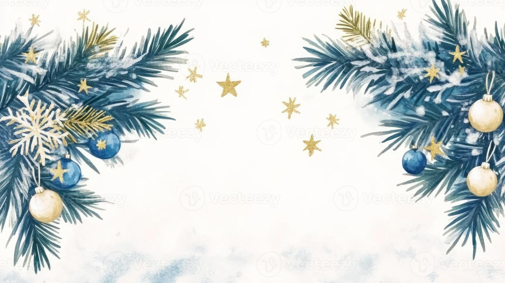 Blue, gold Christmas garland, stars, decorations, text space. photo